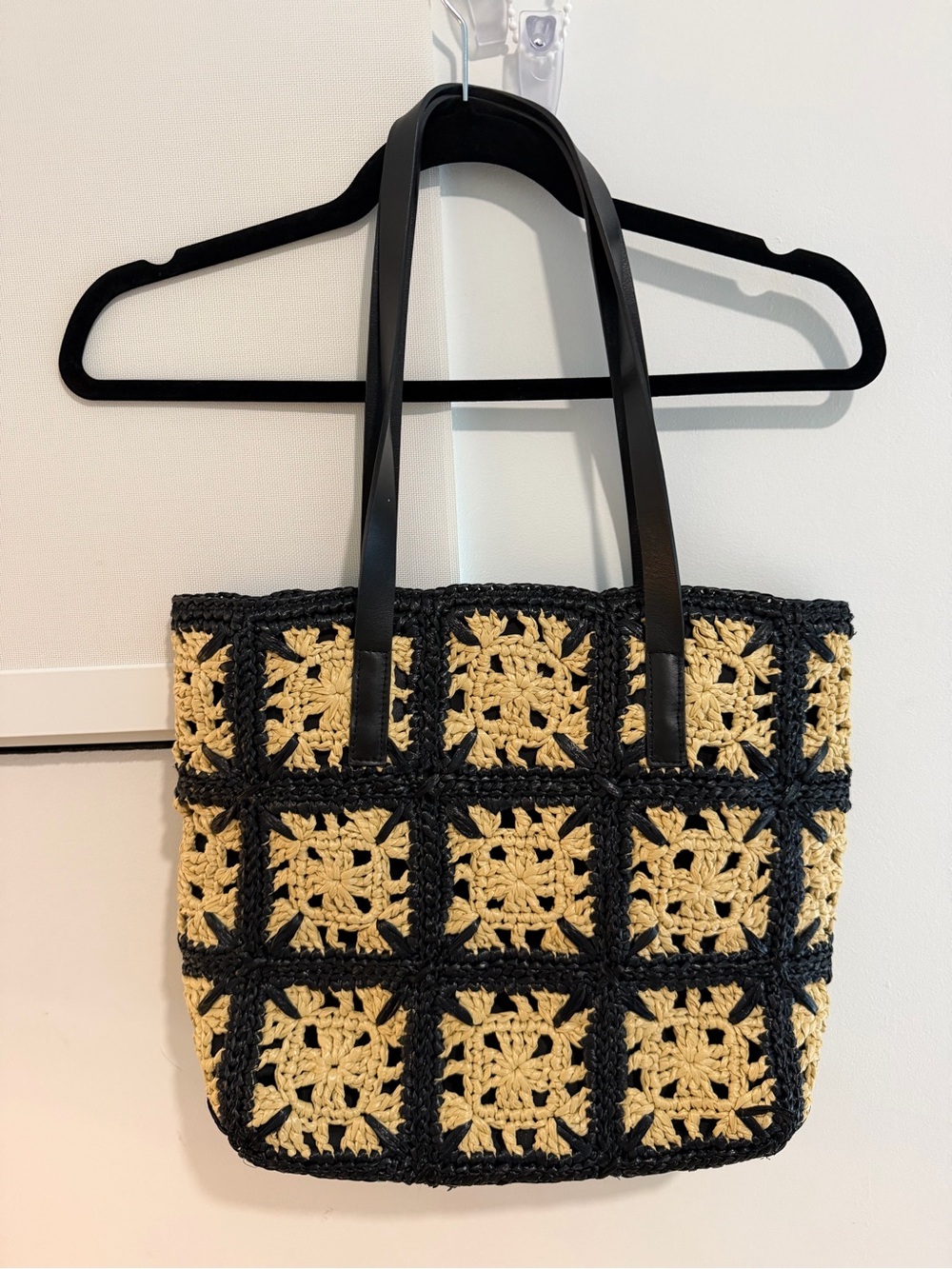 Handcrafted Black & Cream Crochet Tote Bag with Black Straps